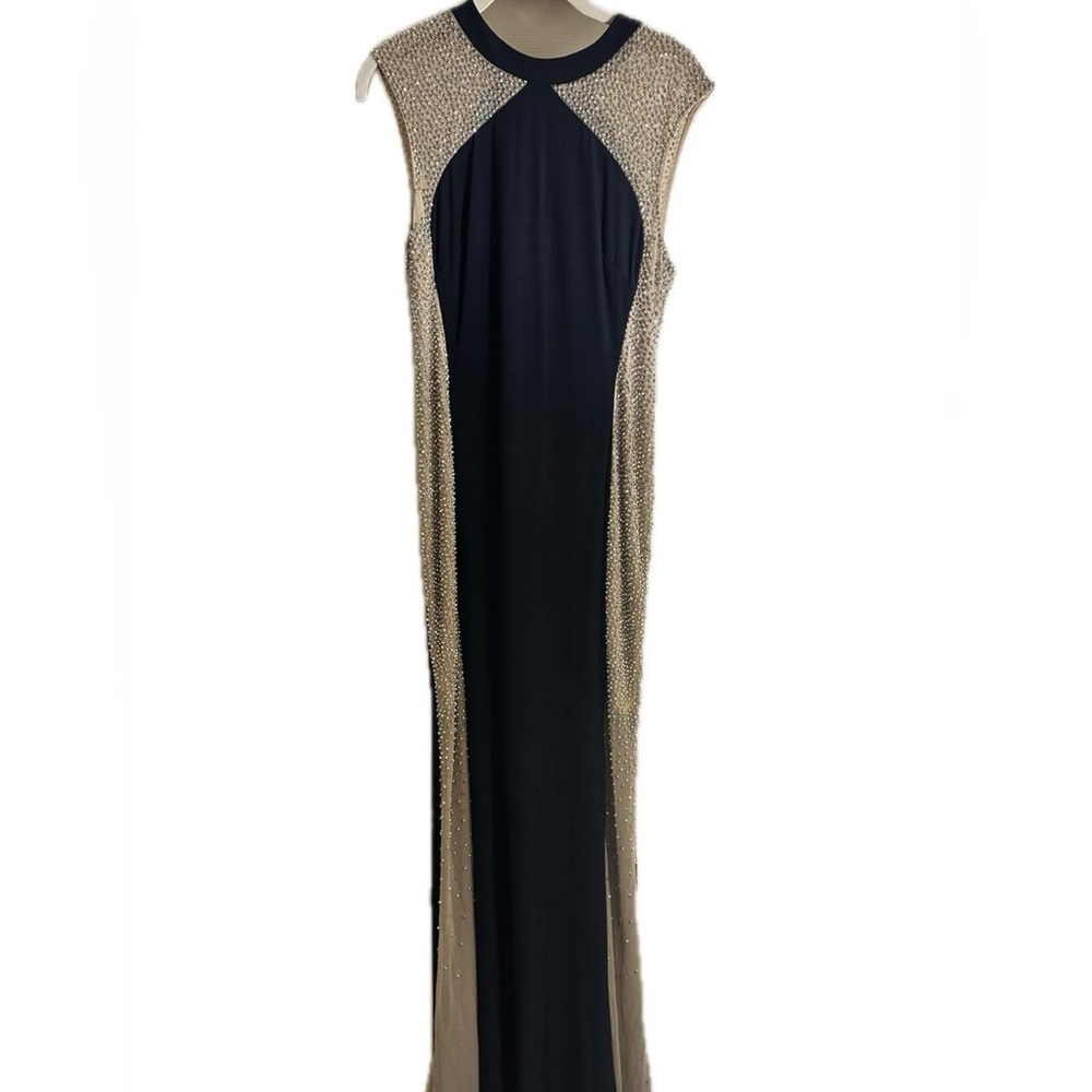 XSCAPE Madison Navy Gown Sz10 Nude Illusion Sides & Caviar Beaded Evening Dress